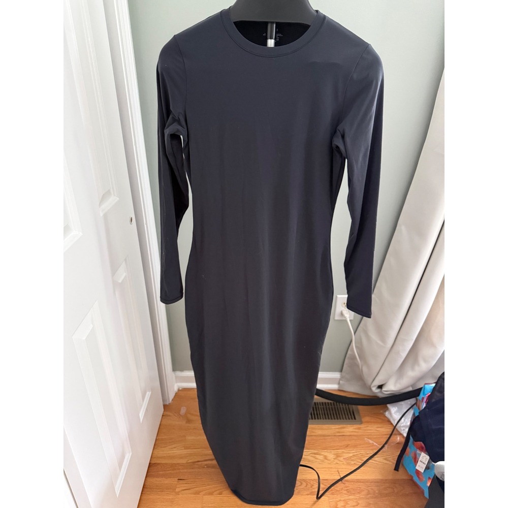 SKIMS Long Sleeve Bodycon Maxi Dress Black Women's XL Stretch Minimalist